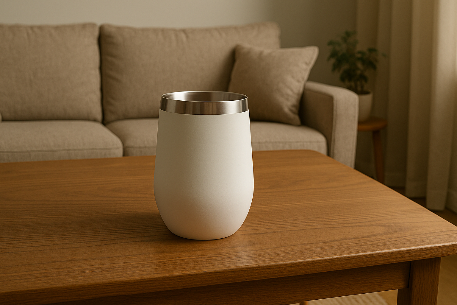 An insulated wine tumbler placed on a wooden coffee table in a softly lit modern UK living room.