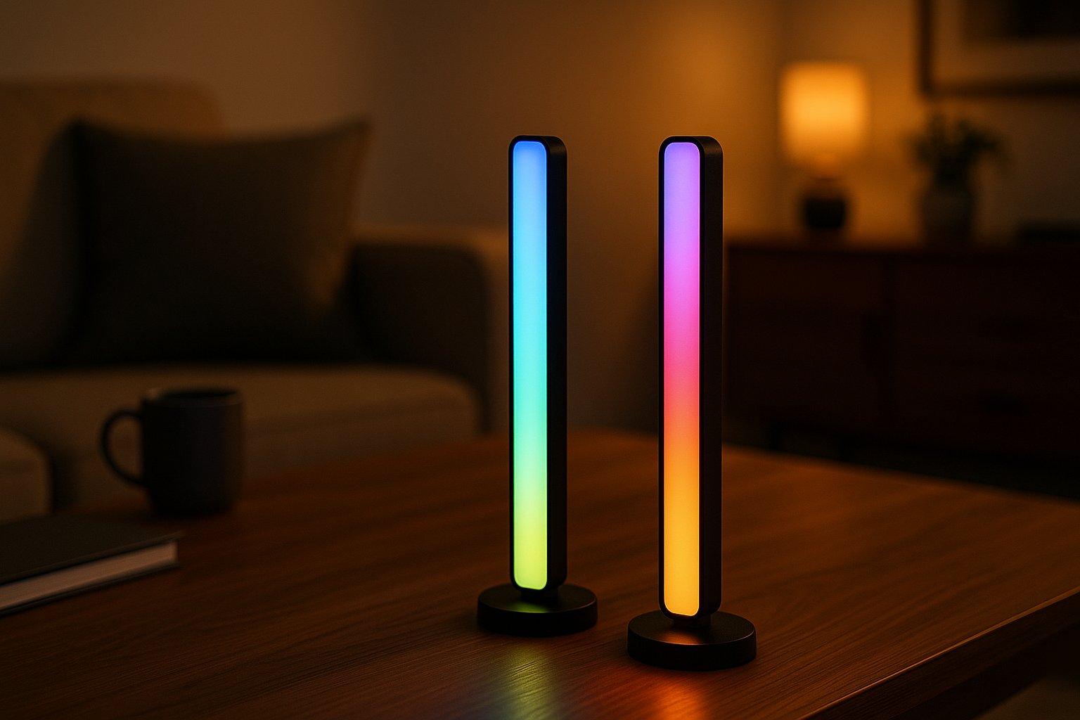 Smart LED light bars standing on a wooden coffee table in a modern UK living room with warm evening lighting