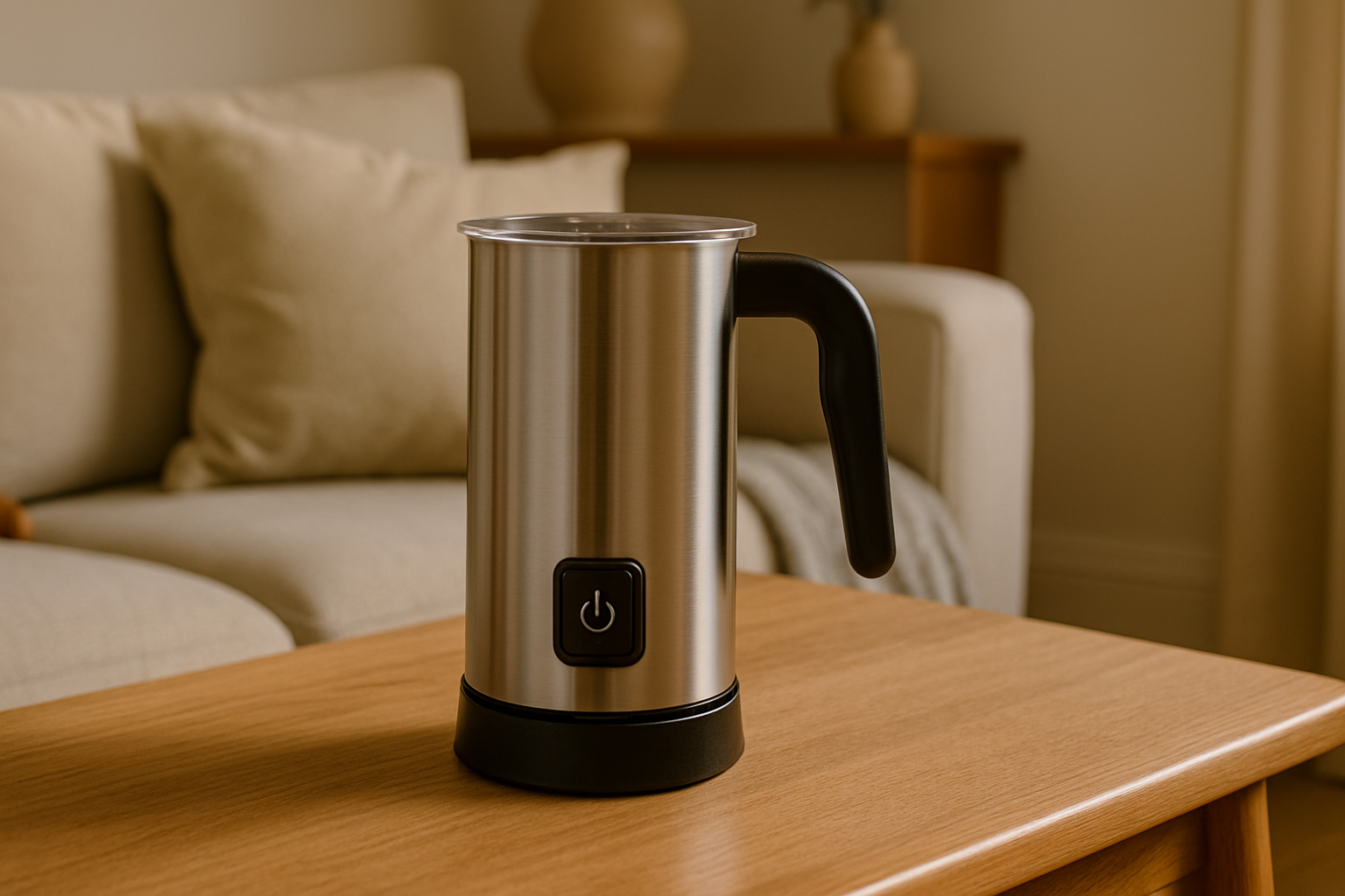 An electric milk frother standing on a wooden coffee table in a softly lit modern UK living room.