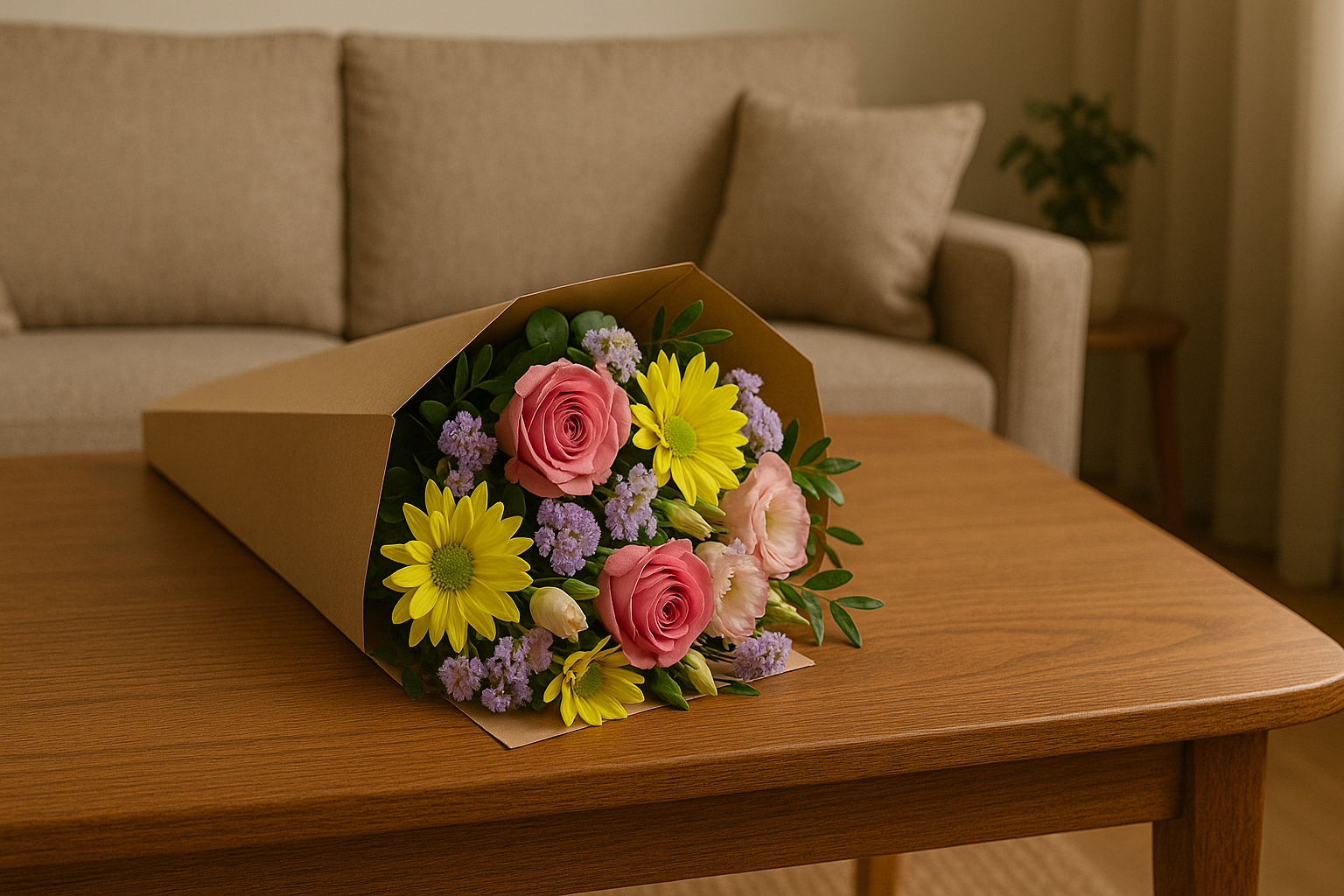 A fresh letterbox flower delivery arranged on a wooden coffee table in a softly lit modern UK living room.