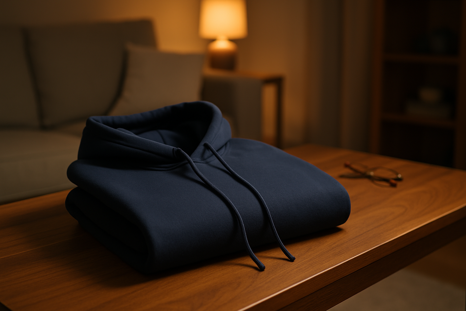 Heavyweight hoodie folded on a wooden coffee table in a modern UK living room with warm evening lighting