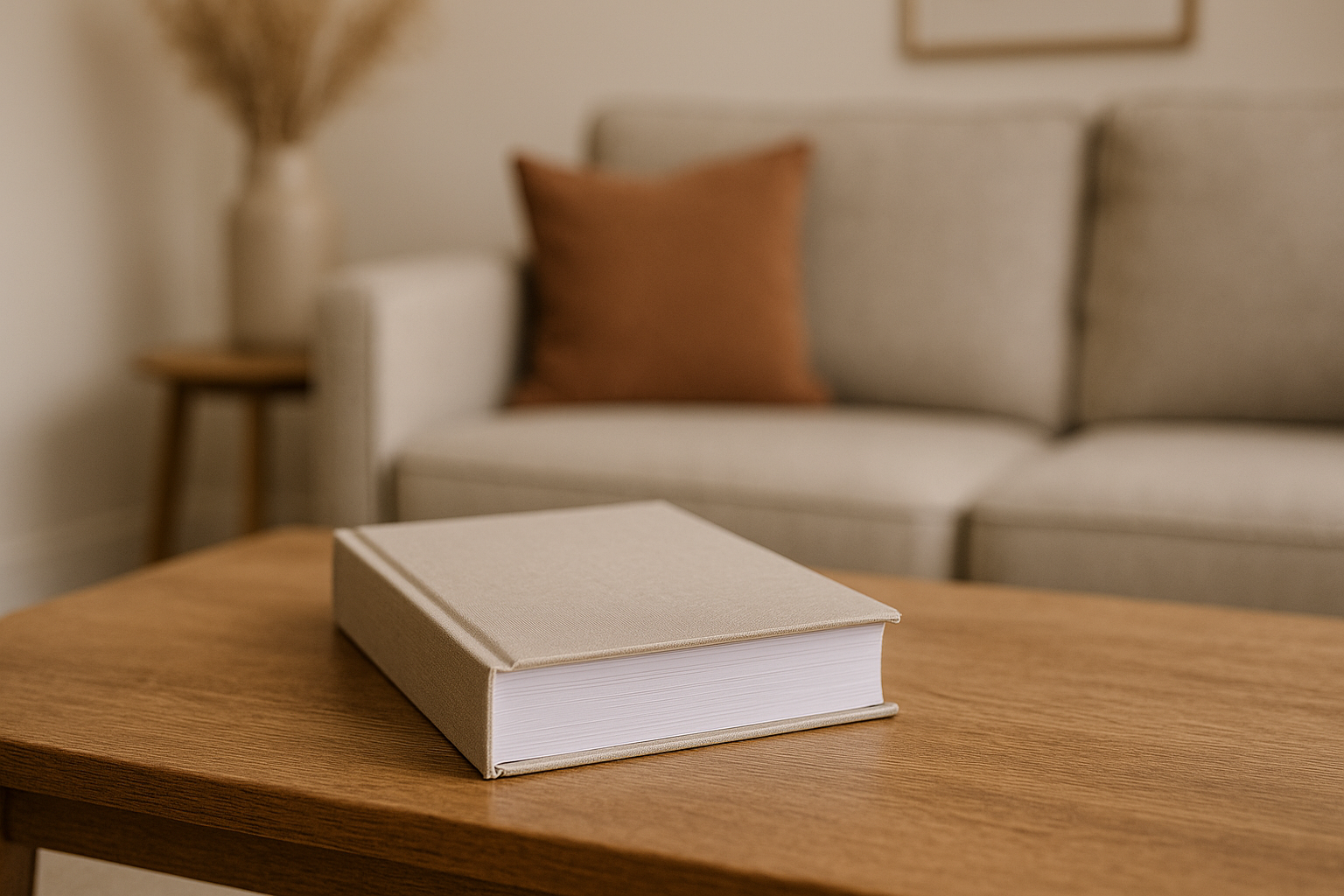 A hardcover recipe journal resting on a wooden coffee table in a softly lit modern UK living room.