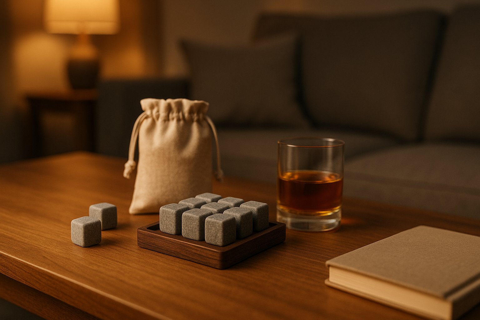 Whiskey stones set arranged on a wooden coffee table with a glass of whisky in a modern UK living room under warm evening lighting