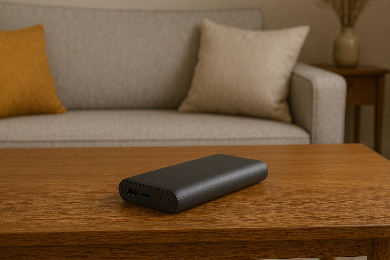 A slim portable power bank placed on a wooden coffee table in a softly lit modern UK living room.
