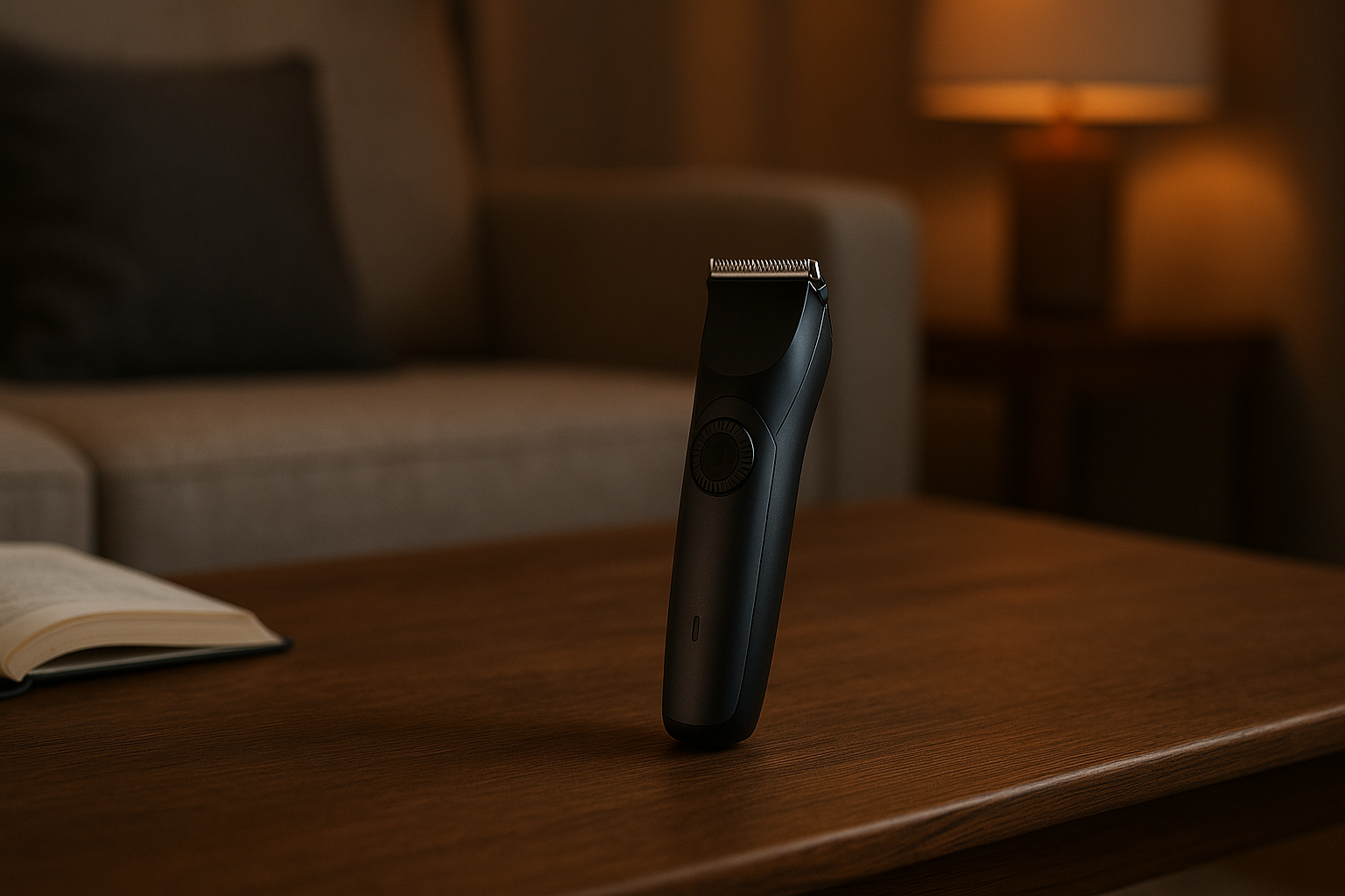 Beard trimmer placed on a wooden coffee table in a modern UK living room with warm evening lighting