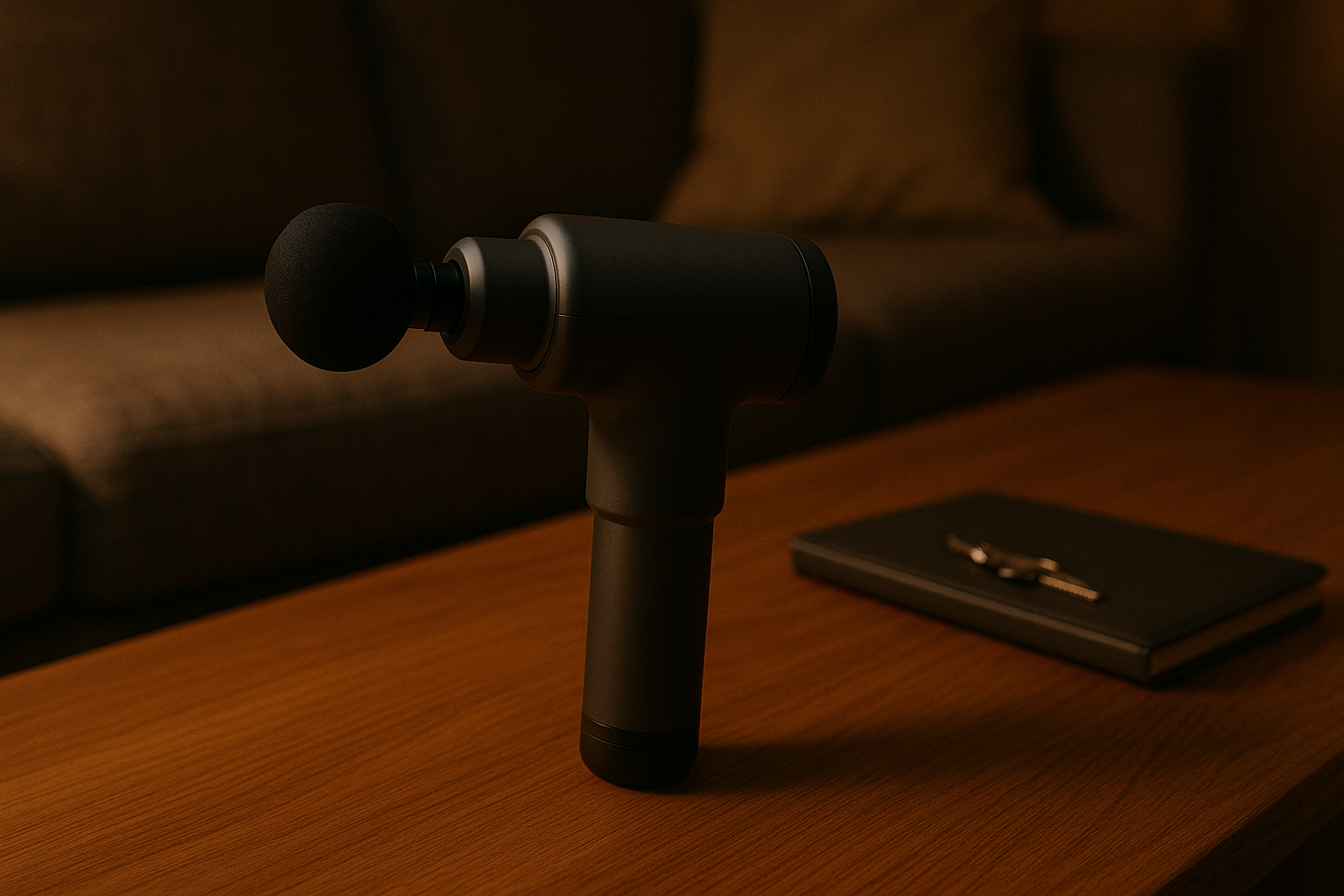 Massage gun resting on a wooden coffee table in a modern UK living room with warm evening lighting