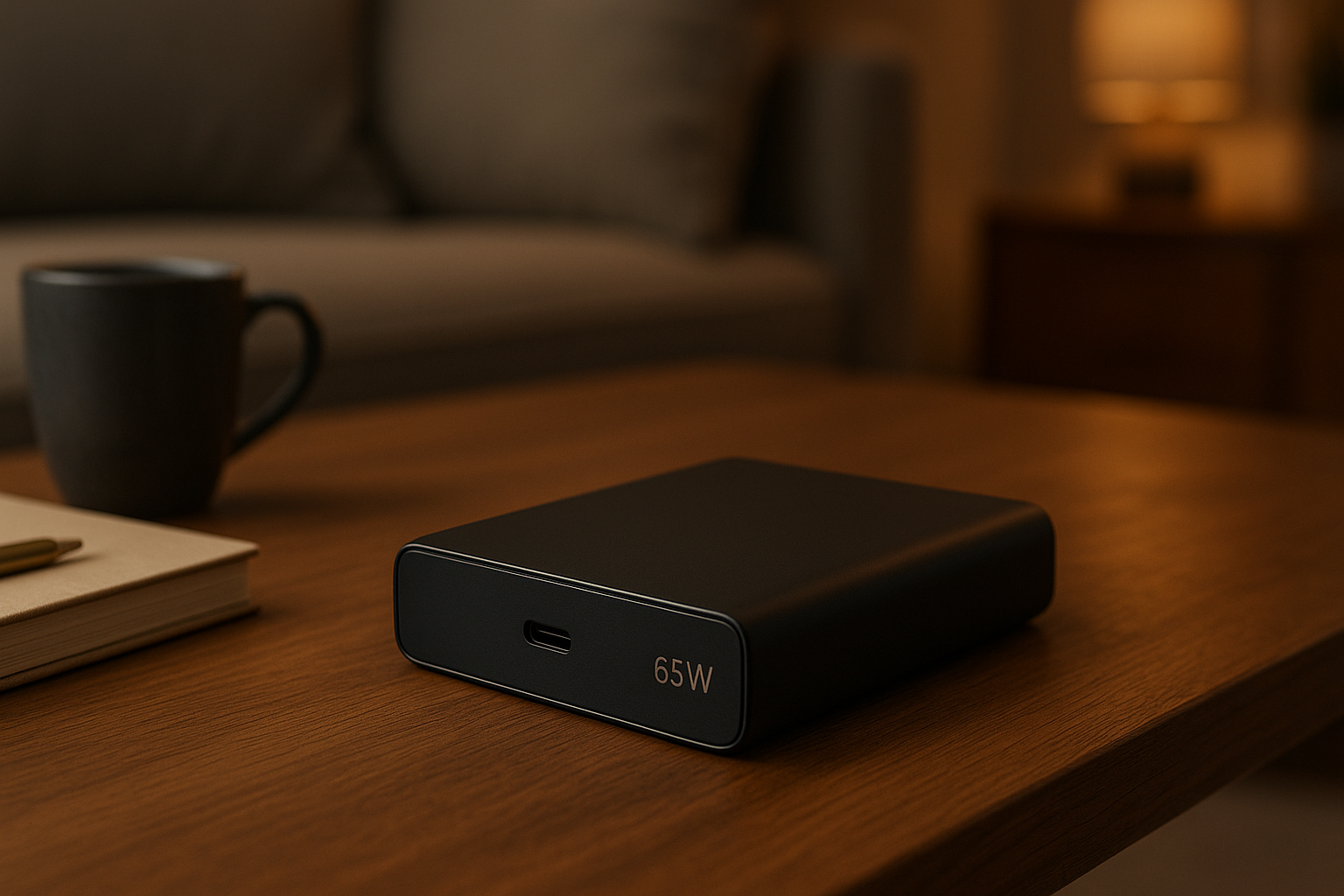 USB-C 65W power bank placed on a wooden coffee table in a modern UK living room with warm evening lighting