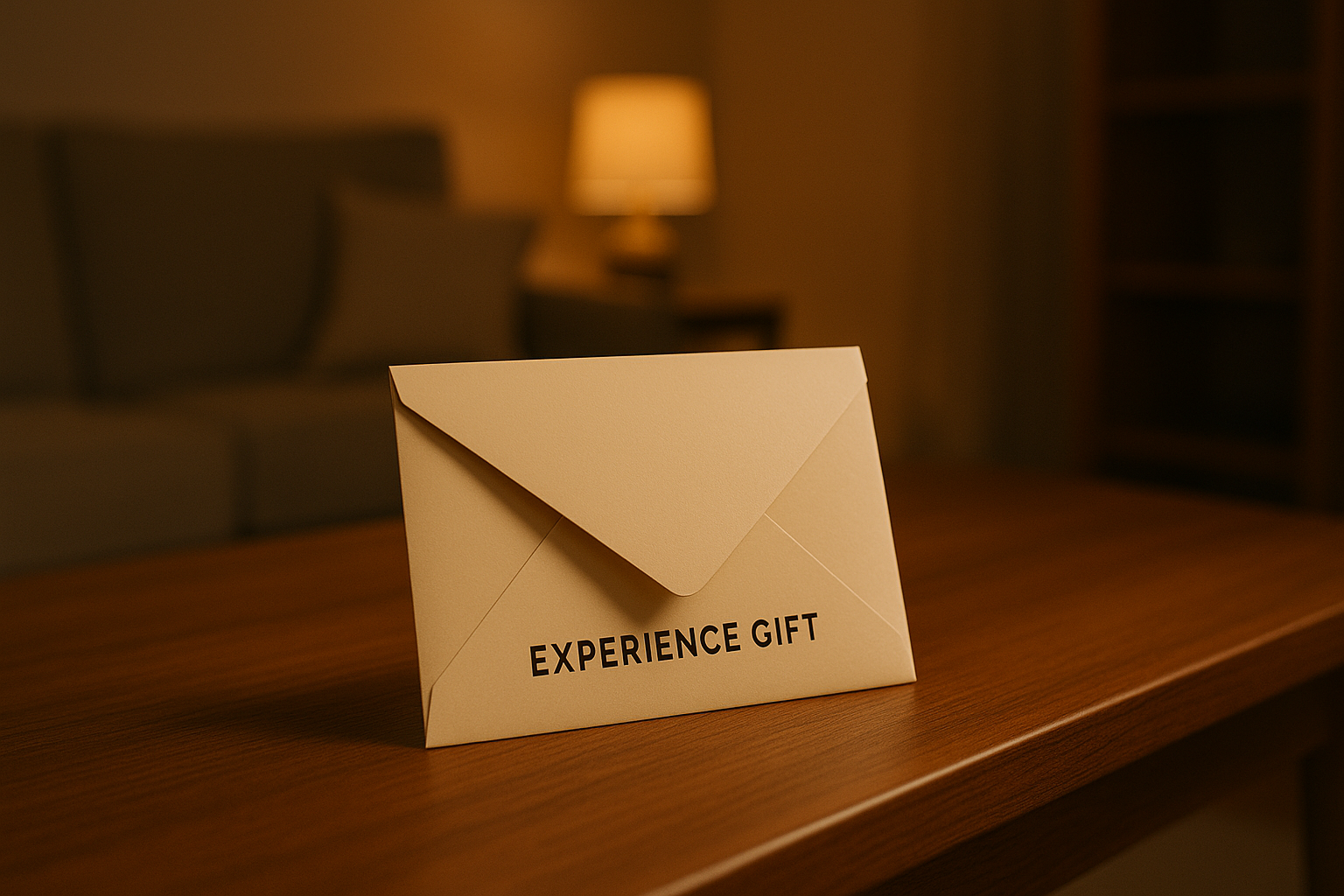 Experience gift envelope placed on a wooden coffee table in a modern UK living room with warm evening lighting