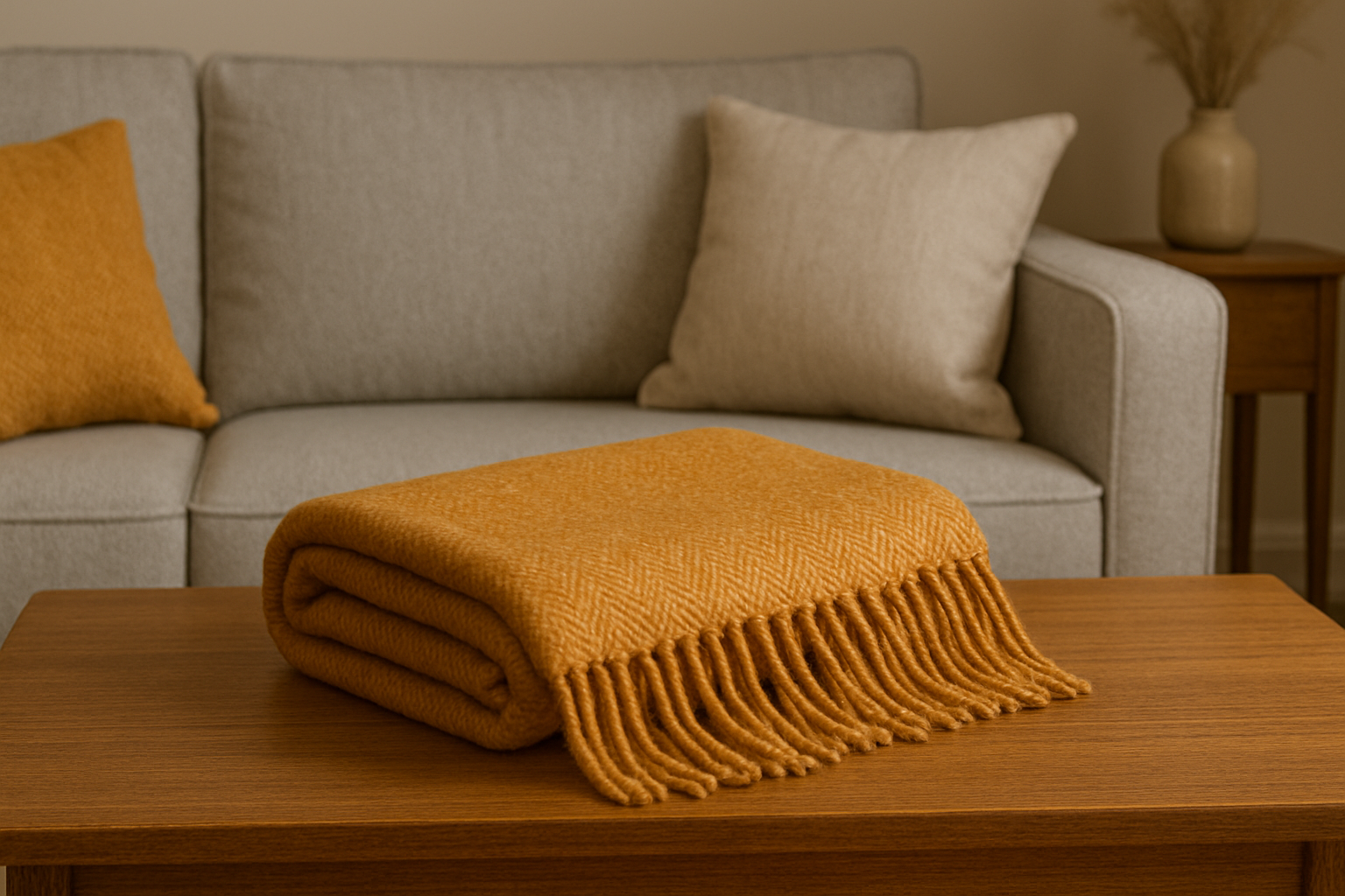 A folded merino wool throw blanket displayed on a wooden coffee table in a warm, modern UK living room.