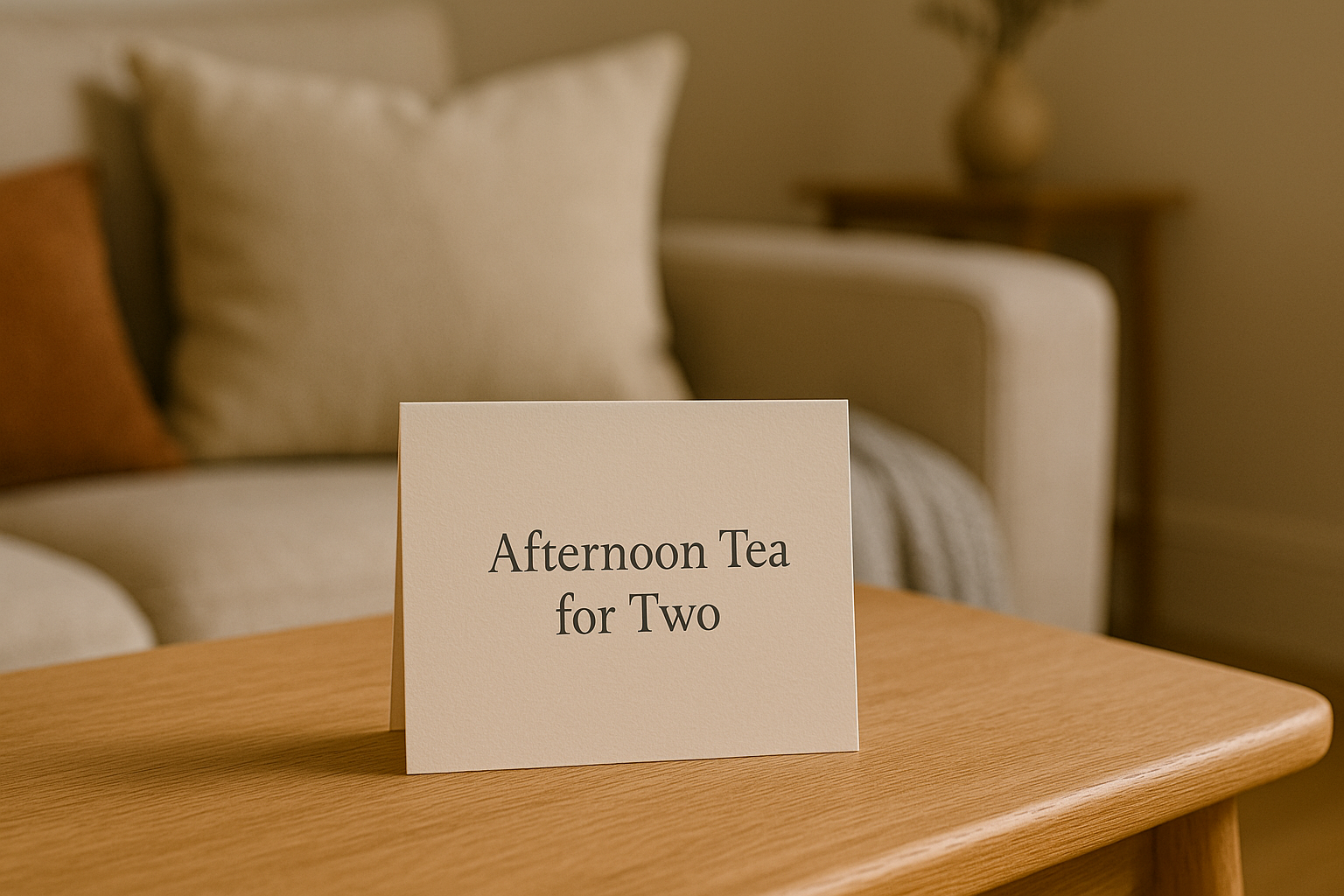 An elegant experience gift voucher placed on a wooden coffee table in a softly lit modern UK living room.