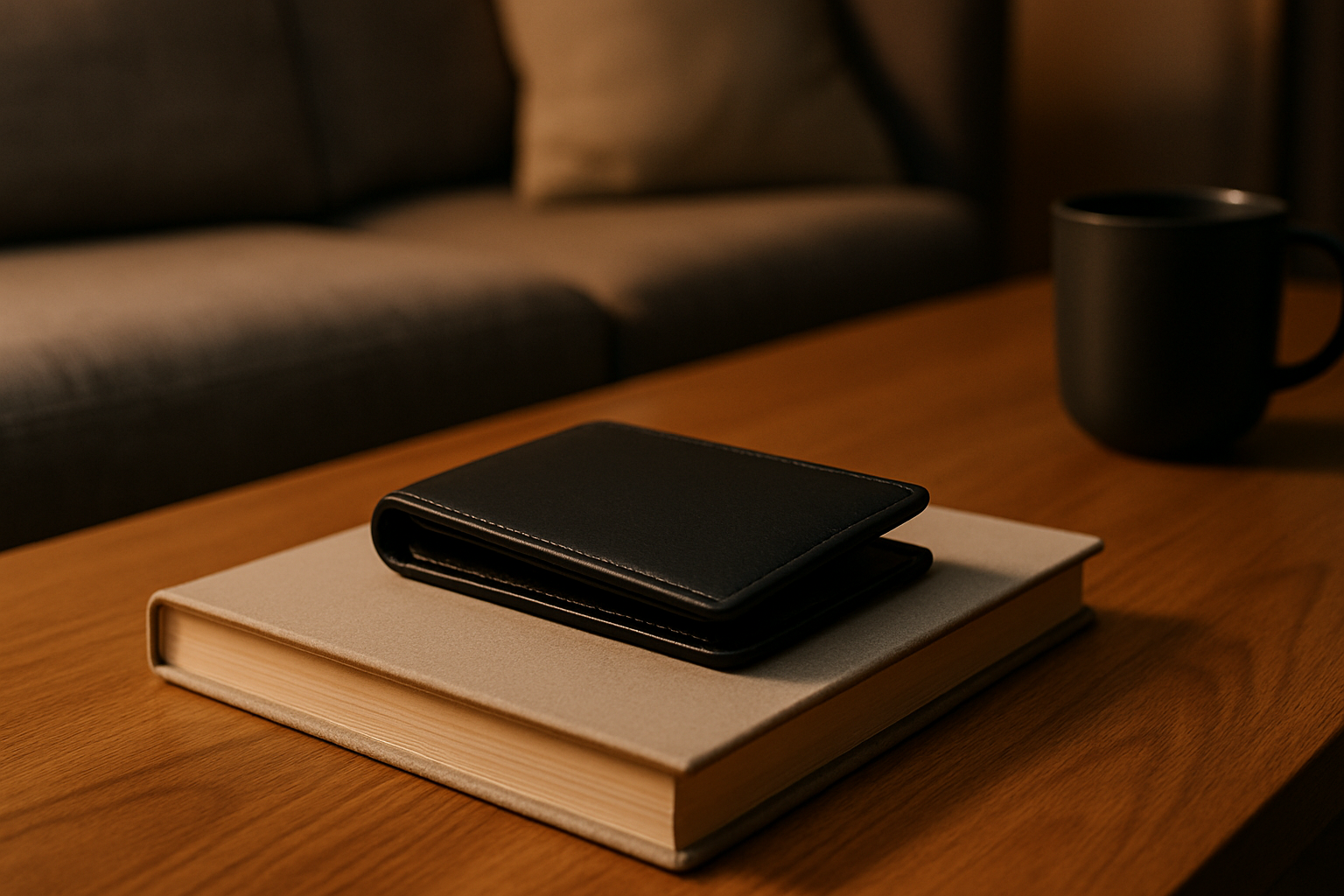 Slim leather wallet placed on a hardcover book on a wooden coffee table in a modern UK living room with warm evening lighting