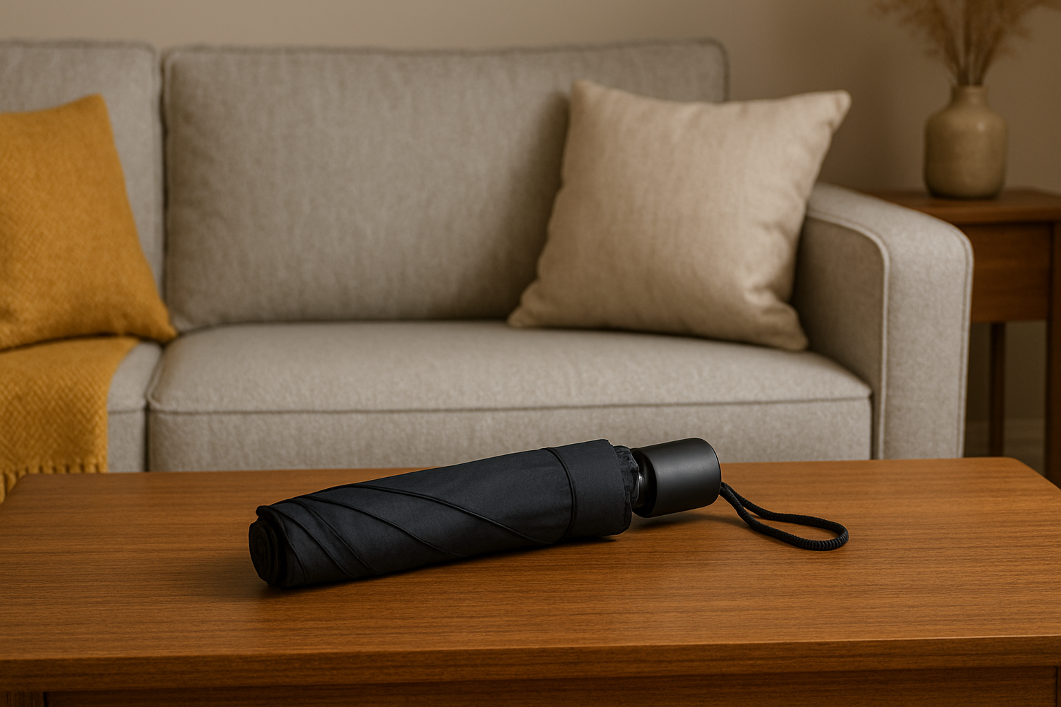 A compact black umbrella resting neatly on a wooden coffee table in a softly lit modern UK living room.